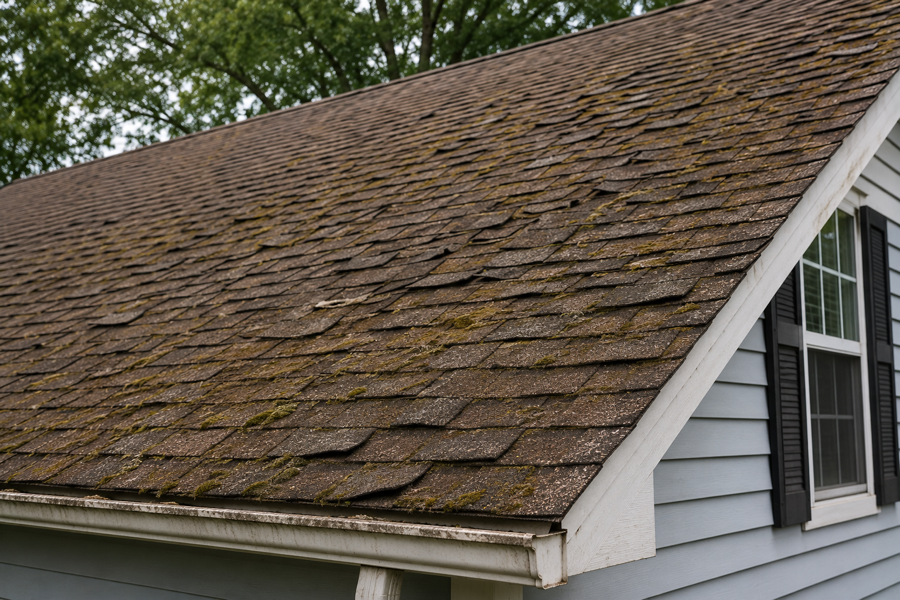 Worn residential roof with damaged shingles in need of replacement