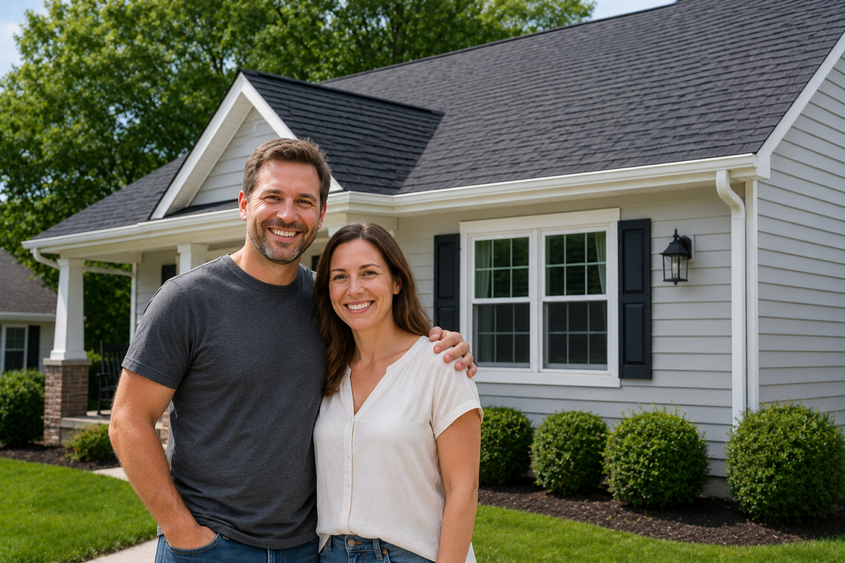 Happy homeowners standing in front of their newly roofed home